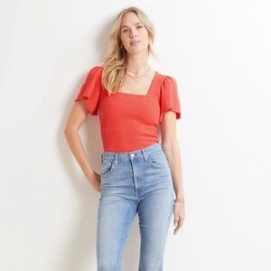 Nation LTD Scarlett Smocked Flutter Sleeve Top Candy Apple Red Orange XL